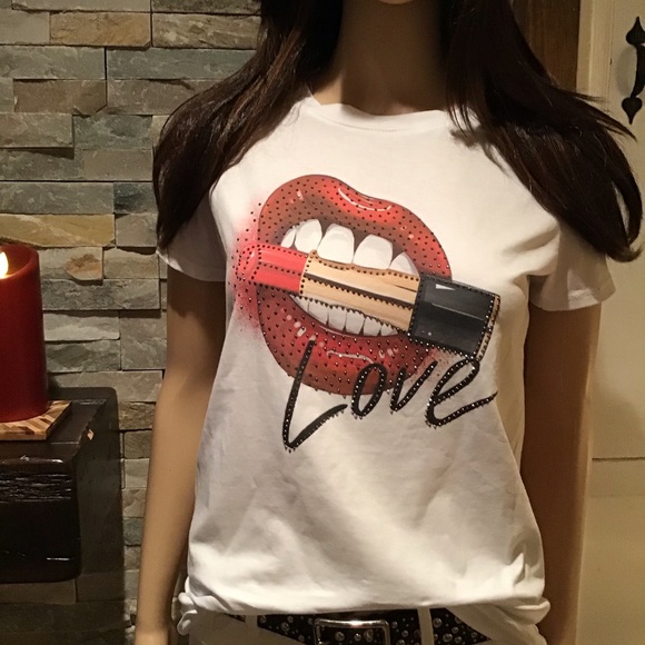 Tops - COTTON WHITE T~SHIRT QUALITY CRYSTAL EMBELLISHED “LOVE LIP STICK” SLIGHT STRETCH